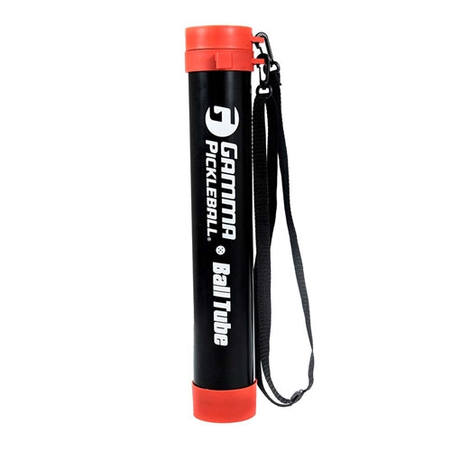 GAMMA Pickleball Ball Tube is a collapsible ball retrieval tube that when expanded stores 12 pickleballs. Black, red, and white with the GAMMA logo on the side.