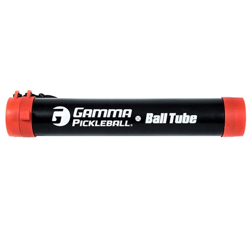 GAMMA Pickleball Ball Tube is a collapsible ball retrieval tube that when expanded stores 12 pickleballs. Black, red, and white with the GAMMA logo on the side.