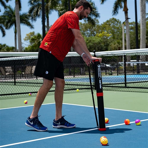 GAMMA Pickleball Ball Tube is a collapsible ball retrieval tube that when expanded stores 12 pickleballs. Black, red, and white with the GAMMA logo on the side.