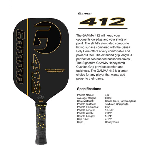 GAMMA 412 Composite paddle features the GAMMA logo and "412" in gold font that pops against a black background
