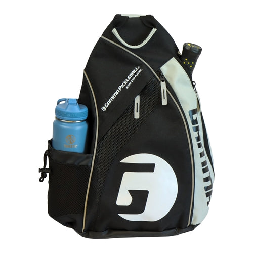 Pickleball Sling Bag by GAMMA available in colors black and white. Featuring multiple pockets and single padded shoulder strap