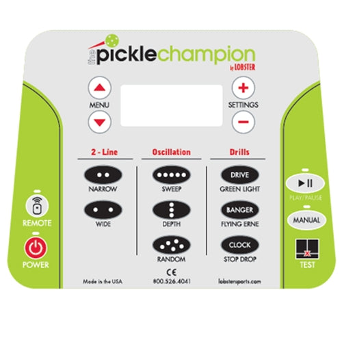 The Lobster Pickle Champion Ball Machine arrives with pre-programed drills and holds up to 135 pickleballs. Features red lower and green upper color combination, with a digital control panel that is easy to read.