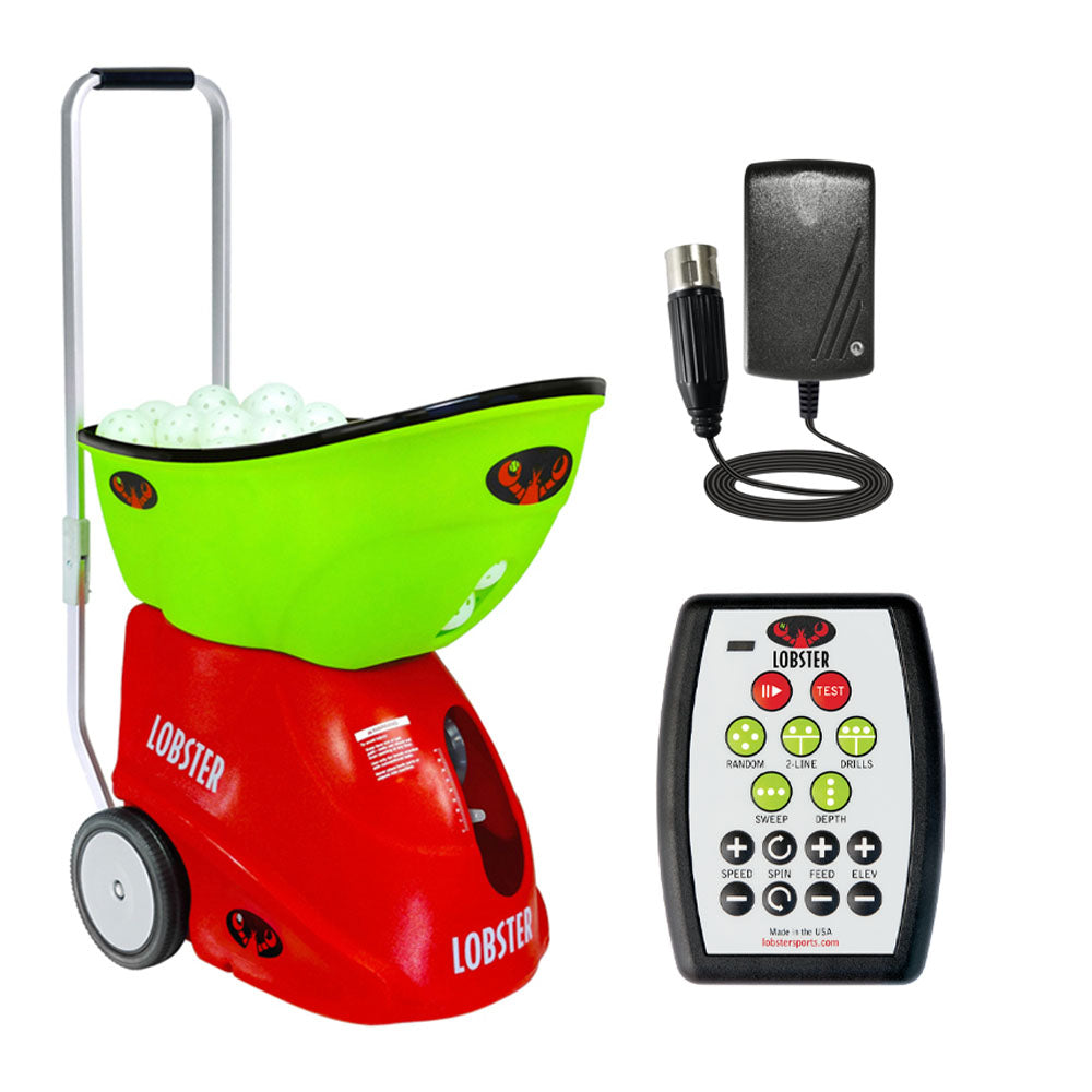 The Lobster Pickle Champion Ball Machine arrives with pre-programed drills and holds up to 135 pickleballs. Features red lower and green upper color combination, with a digital control panel that is easy to read.
