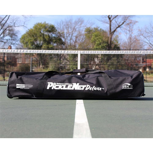 Picklenet Deluxe features heavier frame and wheels to easily move net. Includes frame, net and storage bag with wheels