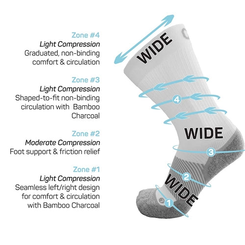 OS1st WP4Plus Wide Crew Socks  are available in either black or white, and in sizes small through 2XLarge.