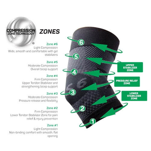 OS1st ES6 Elbow Bracing Support Sleeve is available in black only, and sizes small through extra large.