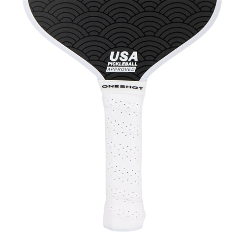 Oneshot Katanashot Carbon Fiber Pickleball Paddle featuring a black paddle background and white Oneshot logo and the Katanashot name down the side. White perforated grip