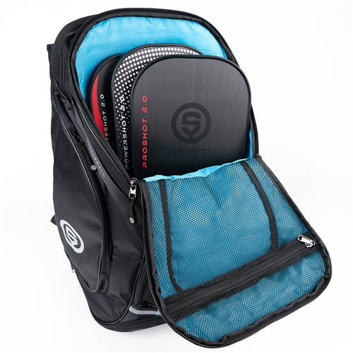 The OneShot Pro Pickleball Bacpack 2.0 offers multiple compartments, including a ventilated compartment for clothing or shoes.
