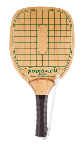 Swinger Pickleball Paddle-durable wood paddle with green checkerboard design, black handle wrap and wrist strap.