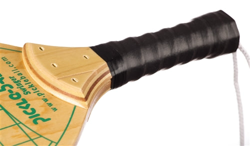 Swinger Pickleball Paddle-durable wood paddle with green checkerboard design, black handle wrap and wrist strap.