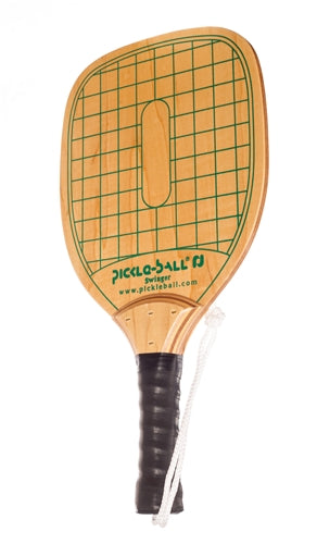 Swinger Pickleball Paddle-durable wood paddle with green checkerboard design, black handle wrap and wrist strap.
