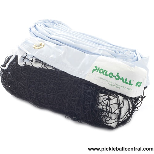 Pickleball Net for Indoor use, black mesh netting with white headband, easily ties to existing standards.