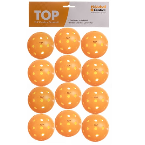 The TOP Ball is a durable seamless outdoor pickleball, available in yellow, orange, white or mixed colors.