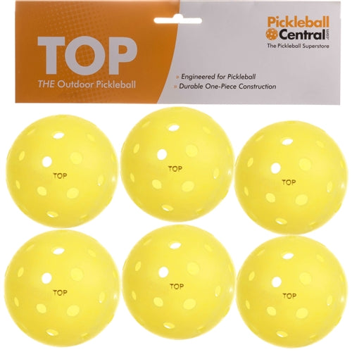 The TOP Ball is a durable seamless outdoor pickleball, available in yellow, orange, white or mixed colors.