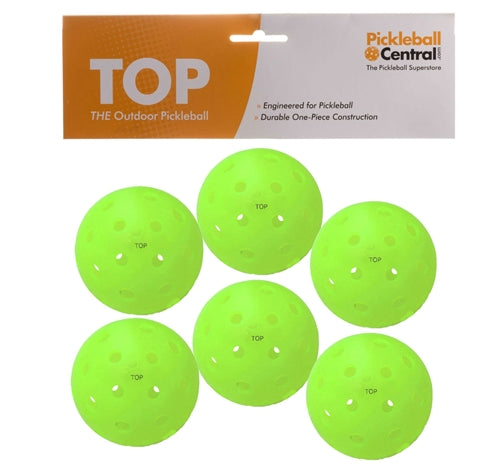 The TOP Ball is a durable seamless outdoor pickleball, available in yellow, orange, white or mixed colors.