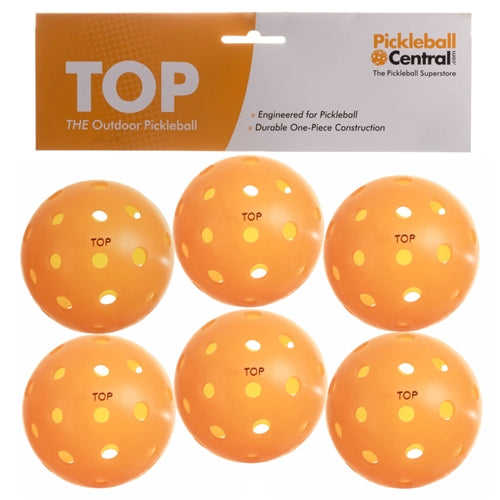 The TOP Ball is a durable seamless outdoor pickleball, available in yellow, orange, white or mixed colors.