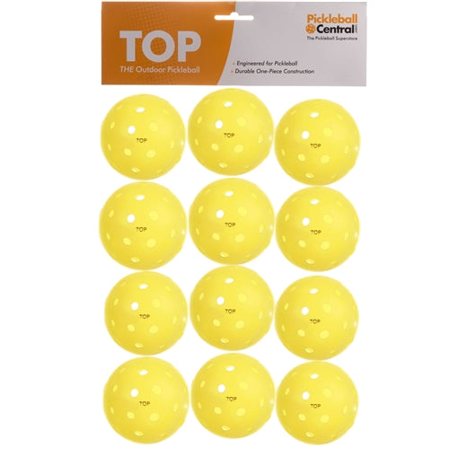 The TOP Ball is a durable seamless outdoor pickleball, available in yellow, orange, white or mixed colors.