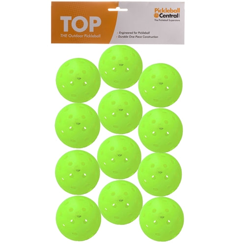 The TOP Ball is a durable seamless outdoor pickleball, available in yellow, orange, white or mixed colors.