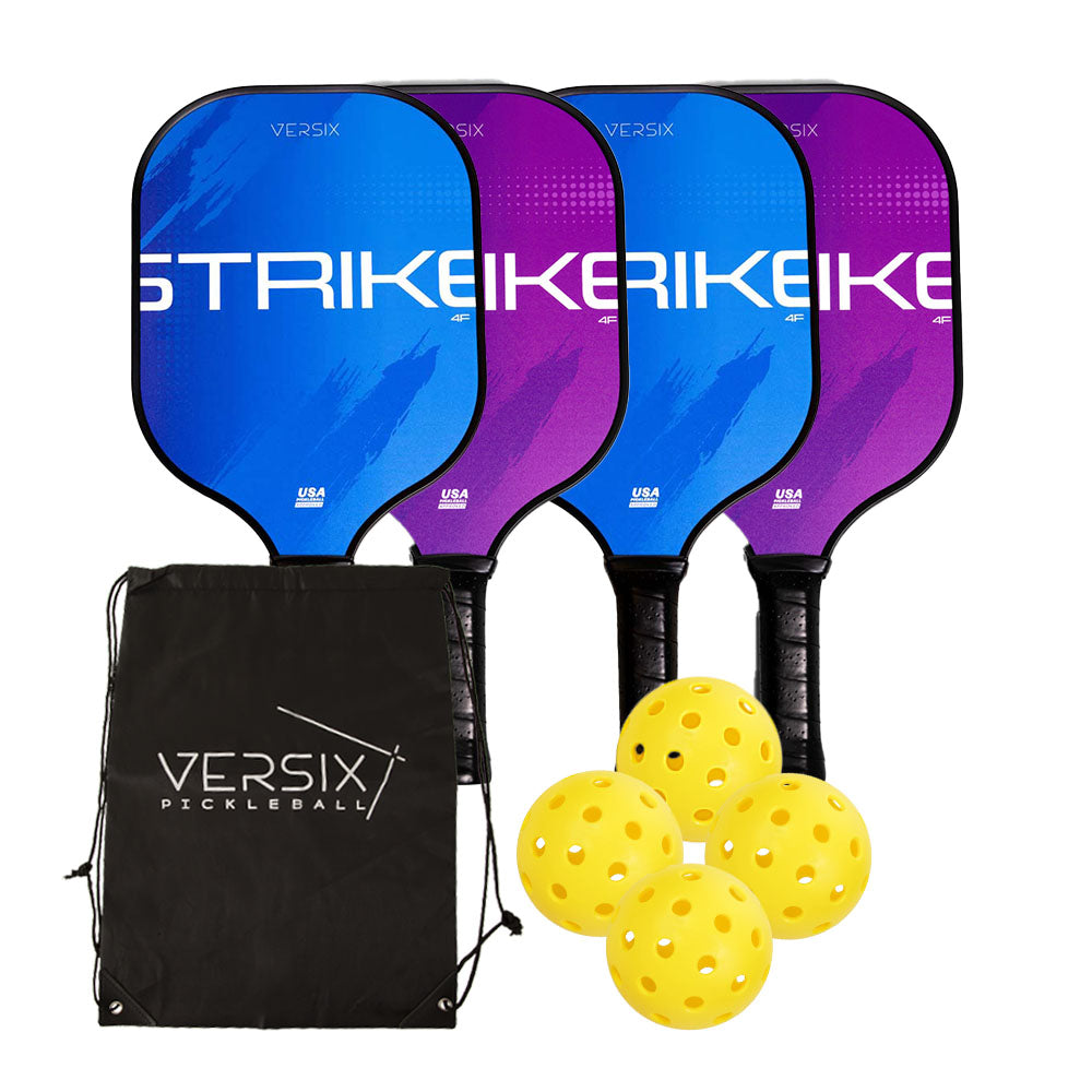 The VERSIX Strike 4F Fiberglass Composite Four Paddle Bundle includes four VERSIX paddles, Drawstring bag, and Yellow Pickleballs!