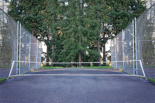 Lightweight Pickleball Net, black mesh netting with white headband, easily ties to existing standards.