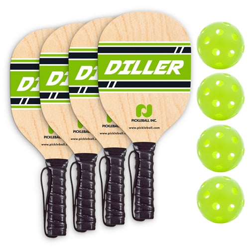 Diller Wood Paddle Bundle including four paddles and four neon pickleballs