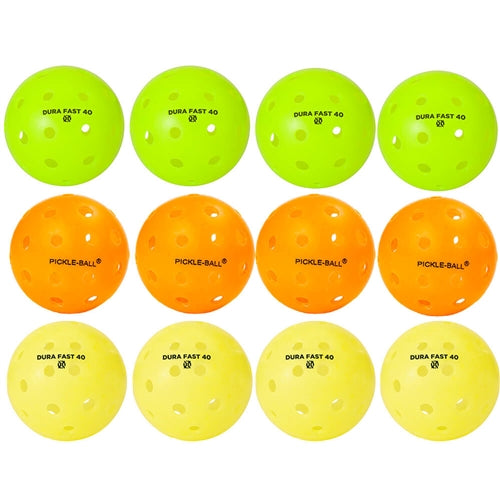 One dozen Dura Outdoor balls in orange, yellow, and neon (four of each color)