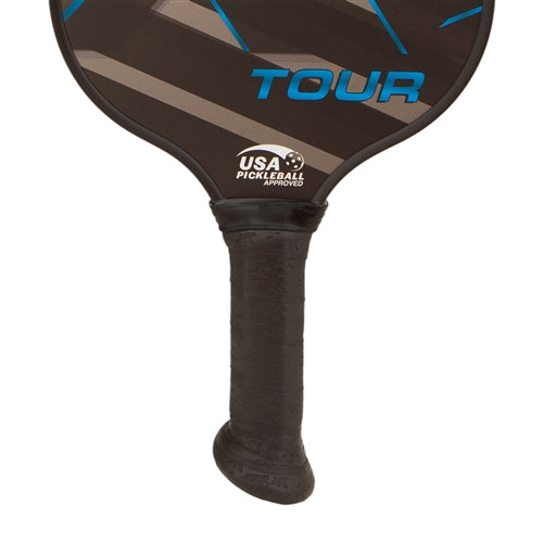 The ProXR Tour Graphite Pickleball Paddle features a black, gray, and blue color scheme, and innovative XR-23 handle design. Available in 3 weight options ranging from 8.2 ounces to 9.6 ounces.