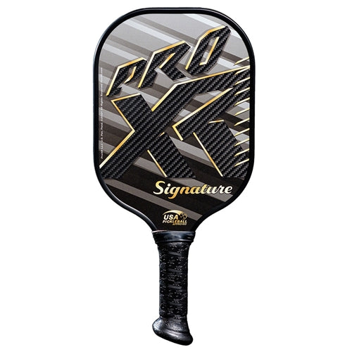 The ProXR Signature Graphite Pickleball Paddle features a gold and black graphic design, and the unique XR-23 angled handle cap design. Available in 3 weight options ranging from 8.2 ounces all the way up to 9.6 ounces.