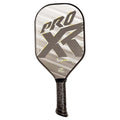 The ProXR Signature 14 Pickleball Paddle features a gold and grey graphic design on a 3k carbon fiber weave face. Ranging in weight from 8.0 - 8.4 oz with a 5.5" handle length to allow room for a double handed hold.