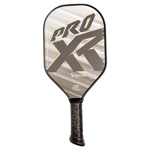 The ProXR Signature 14 Pickleball Paddle features a gold and grey graphic design on a 3k carbon fiber weave face. Ranging in weight from 8.0 - 8.4 oz with a 5.5" handle length to allow room for a double handed hold.