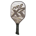 The ProXR Signature 16 Pickleball Paddle features a gold and grey graphic design on a 3k carbon fiber weave face and 16mm thick core. Ranging in weight from 8.0 to 8.4 ounces, with a 5.5" handle length to allow room for double handed shots.