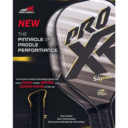The ProXR Signature "The Wall" 14  Pickleball Paddle features a gold and grey graphic design on a 3k carbon fiber weave face and 14mm poly core. Short 4-inch handle is great for table tennis grip-style players. Ranging in weight from 8.0 - 8.4 ounces.