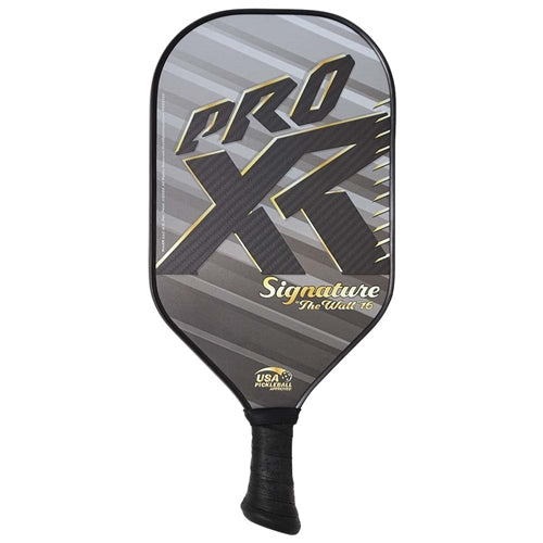 The ProXR Signature "The Wall" 16  Pickleball Paddle features a grey and gold graphic design on a 3k carbon fiber weave face and 16mm poly core. Short 4-inch handle is great for players with a table tennis style grip. Weight ranges from 8.0 - 8.4 ounces.