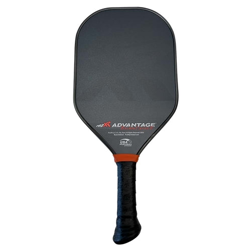 The ProXR Advantage Blackout Series 16 Paddle features a black and gray graphic design with red accents on a fiberglass face with grit finish and 16mm poly core. Ranging in weight from 8.0 - 8.4 oz.