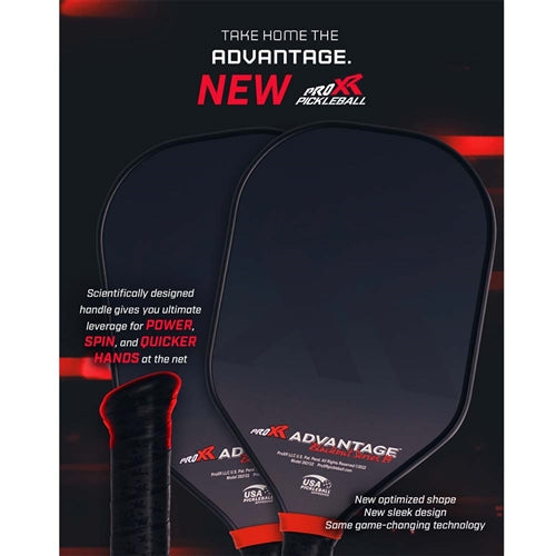 The ProXR Advantage Blackout Series 16 Paddle features a black and gray graphic design with red accents on a fiberglass face with grit finish and 16mm poly core. Ranging in weight from 8.0 - 8.4 oz.