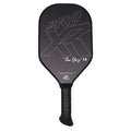 ProXR "The Story" 14 Pickleball Paddle has a forehand fiberglass face and backhand carbon fiber face. Black background with large ProXR logos on each side, white outline and details on the fiberglass side, with yellow outline on the backhand side.