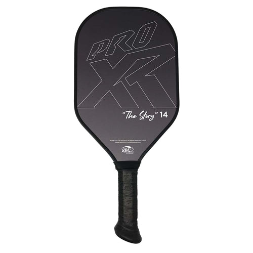 ProXR "The Story" 14 Pickleball Paddle has a forehand fiberglass face and backhand carbon fiber face. Black background with large ProXR logos on each side, white outline and details on the fiberglass side, with yellow outline on the backhand side.