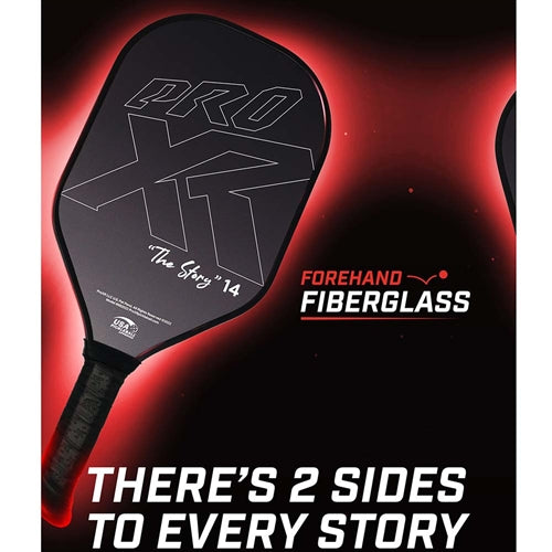 ProXR "The Story" 14 Pickleball Paddle has a forehand fiberglass face and backhand carbon fiber face. Black background with large ProXR logos on each side, white outline and details on the fiberglass side, with yellow outline on the backhand side.