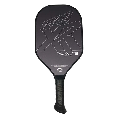 ProXR "The Story" 16 Pickleball Paddle highlights a forehand fiberglass face and backhand carbon fiber face. Black background with large ProXR logos on each side, white outline and details on the fiberglass side, with yellow outline on the backhand side.