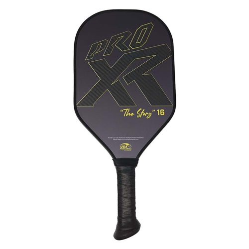 ProXR "The Story" 16 Pickleball Paddle highlights a forehand fiberglass face and backhand carbon fiber face. Black background with large ProXR logos on each side, white outline and details on the fiberglass side, with yellow outline on the backhand side.