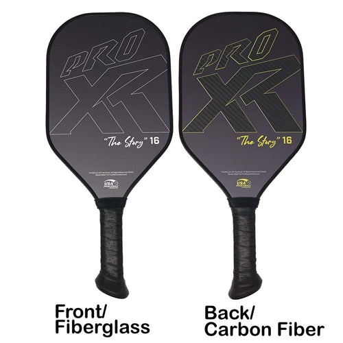 ProXR "The Story" 16 Pickleball Paddle highlights a forehand fiberglass face and backhand carbon fiber face. Black background with large ProXR logos on each side, white outline and details on the fiberglass side, with yellow outline on the backhand side.