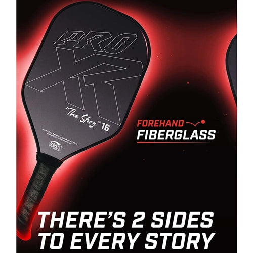 ProXR "The Story" 16 Pickleball Paddle highlights a forehand fiberglass face and backhand carbon fiber face. Black background with large ProXR logos on each side, white outline and details on the fiberglass side, with yellow outline on the backhand side.