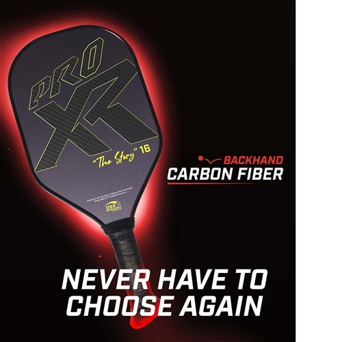 ProXR "The Story" 16 Pickleball Paddle highlights a forehand fiberglass face and backhand carbon fiber face. Black background with large ProXR logos on each side, white outline and details on the fiberglass side, with yellow outline on the backhand side.