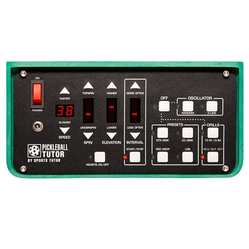 Pickleball Tutor Plus Ultra comes with 6 pre-programmed drills, electronic readout, oscillation, and electronic elevation, and is offered with three different remote control options.