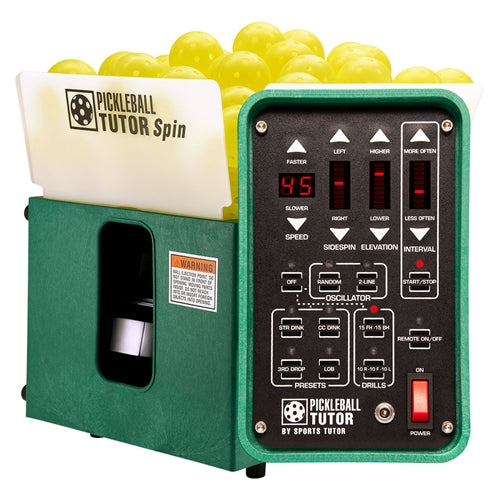 Pickleball Tutor Spin Ultra comes with 6 pre-programmed drills, oscillation, electronic readout, and electronic elevation, and is offered with three convenient remote control options.