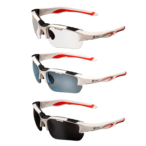 Falcon Eyewear includes 3 colors of replacement lenses in clear, blue and smoke tint.