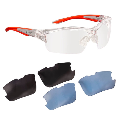 Owl Eyewear includes 3 colors of replacement lenses in clear, blue and smoke tint.