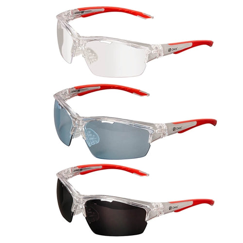 Owl Eyewear includes 3 colors of replacement lenses in clear, blue and smoke tint.