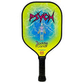 Paddle Candy Psych Paddle featuring a skeleton with a neon green glow amid a field of wild lightning bolts. The "Psych" name is printed in a sharp, equally electric style in magenta and black.