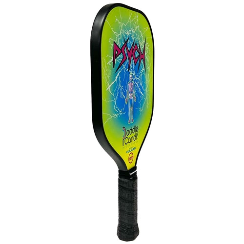 Paddle Candy Psych Paddle featuring a skeleton with a neon green glow amid a field of wild lightning bolts. The "Psych" name is printed in a sharp, equally electric style in magenta and black.